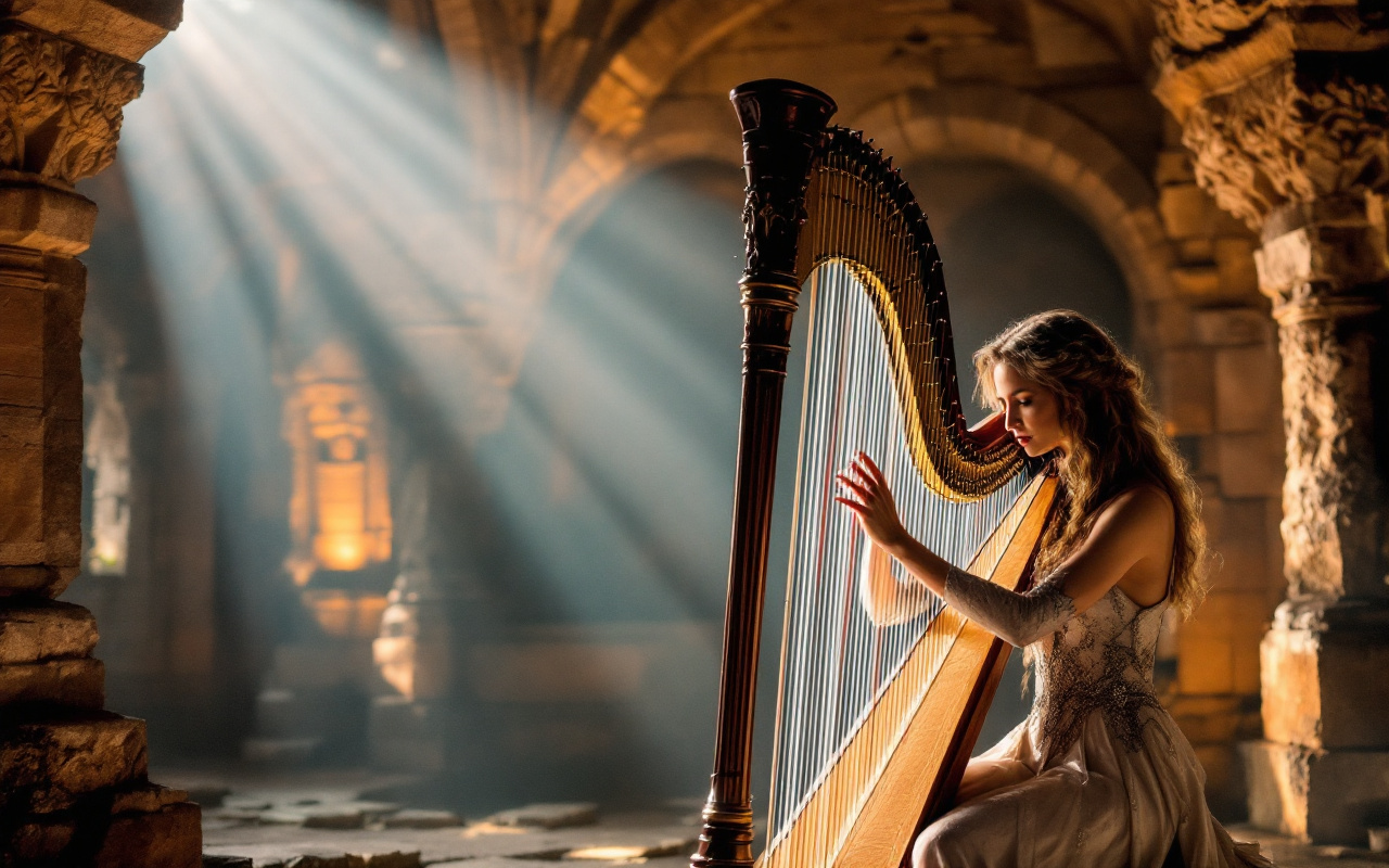 Un harpiste se produisant dans un ancien lieu en pierre, éclairé par une lumière douce et chaude, avec des sculptures et des arches en pierre en arrière-plan, créant une atmosphère enchanteresse.
