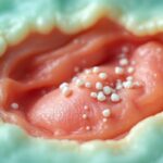 gros-plan-dune-amygdale-montrant-de-petits-calculs-blancs-loges-dans-les-cryptes-muqueuse-humide-et-plis-tissulaires-visibles-eclairage-doux-aux-tons-bleu-vert