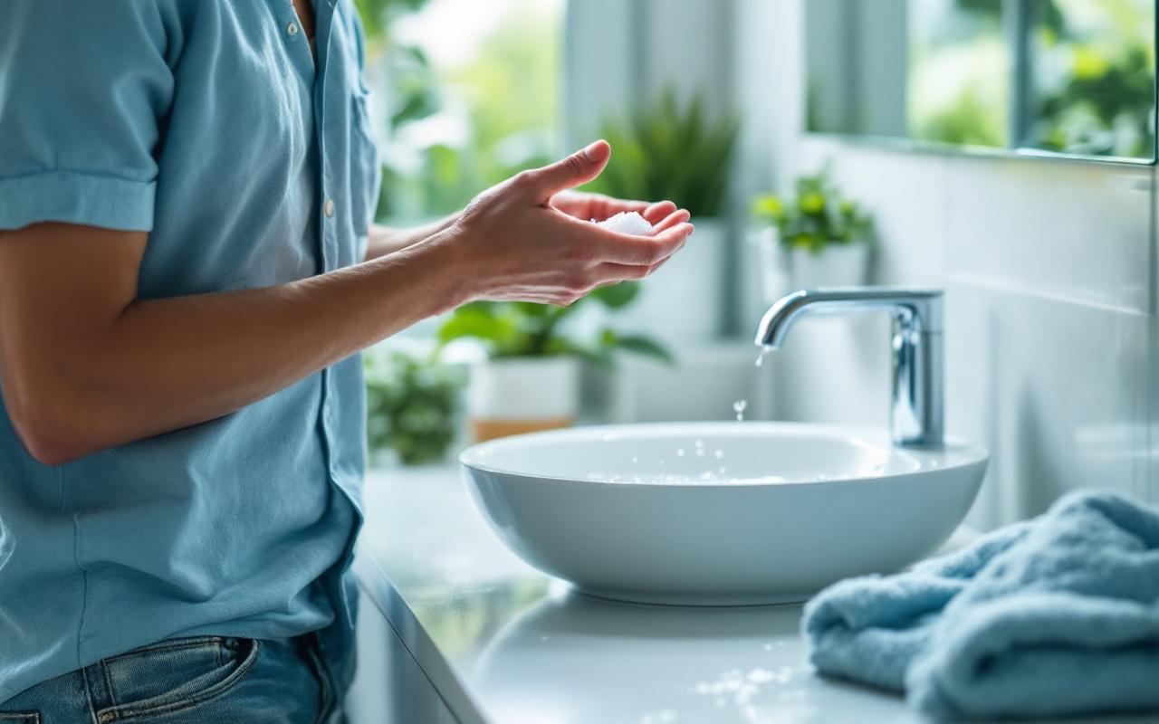 Personne dans une salle de bain lumineuse se gargarise avec de l'eau salée, tenant un petit verre près du lavabo, lumière naturelle douce et ambiance calme, tons bleus et verts.