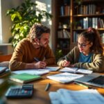 Réserver un professeur particulier à domicile sans se ruiner tuteur-aidant-un-eleve-en-mathematiques-a-la-maison-assis-a-une-table-avec-cahier-calculatrice-et-ordinateur-portable-lumiere-douce-de-fin-dapres-midi-ambiance-calme-et-concentree