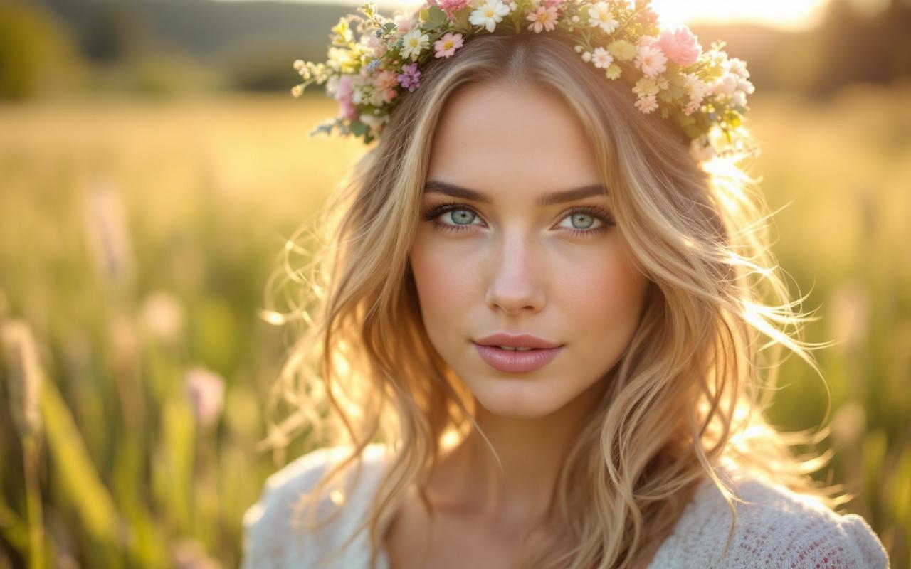 Personne portant une couronne de fleurs et des cheveux ondul&eacute;s l&acirc;ches, debout dans une prairie ensoleill&eacute;e avec herbes hautes et arbres en arri&egrave;re-plan, bandeau compos&eacute; de petites fleurs et feuillage, cheveux l&eacute;g&egrave;rement d&eacute;coiff&eacute;s, lumi&egrave;re chaude de fin d'apr&egrave;s-midi, ambiance douce, tons dominants bleu et vert.