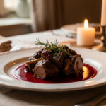 Les 7 meilleurs civets de sanglier pour un repas d’hiver chic en 2026 Assiette élégante de civet de sanglier nappée d’une sauce au vin rouge, servie dans une ambiance chaleureuse de dîner d’hiver chic, sous une lumière douce et dorée.