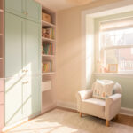 Amenagement chambre enfant : créer un espace apaisant et fonctionnel Chambre d’enfant douce et lumineuse, rangements soignés et coin lecture apaisant, avec lumière naturelle entrant par une fenêtre.