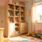 Chambre d’enfant lumineuse avec décoration douce, rangements pratiques intégrés, coin jeu chaleureux et jouets bien rangés, éclairage naturel du matin.