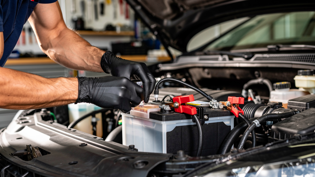 Gros plan d’une roue et d’un chargeur de batterie branché dans un garage, avec contrôle visuel des niveaux sous le capot.