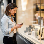 Comment vérifier les horaires et l’accès d’une boutique de coiffeur ? Une femme consulte son smartphone devant la vitrine lumineuse d’une boutique de coiffure présentant des produits capillaires.