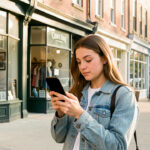 9 informations à vérifier avant de visiter un commerce de proximité Une jeune femme consulte son téléphone dans une rue lumineuse bordée de plusieurs commerces de quartier, dans une ambiance urbaine réaliste.