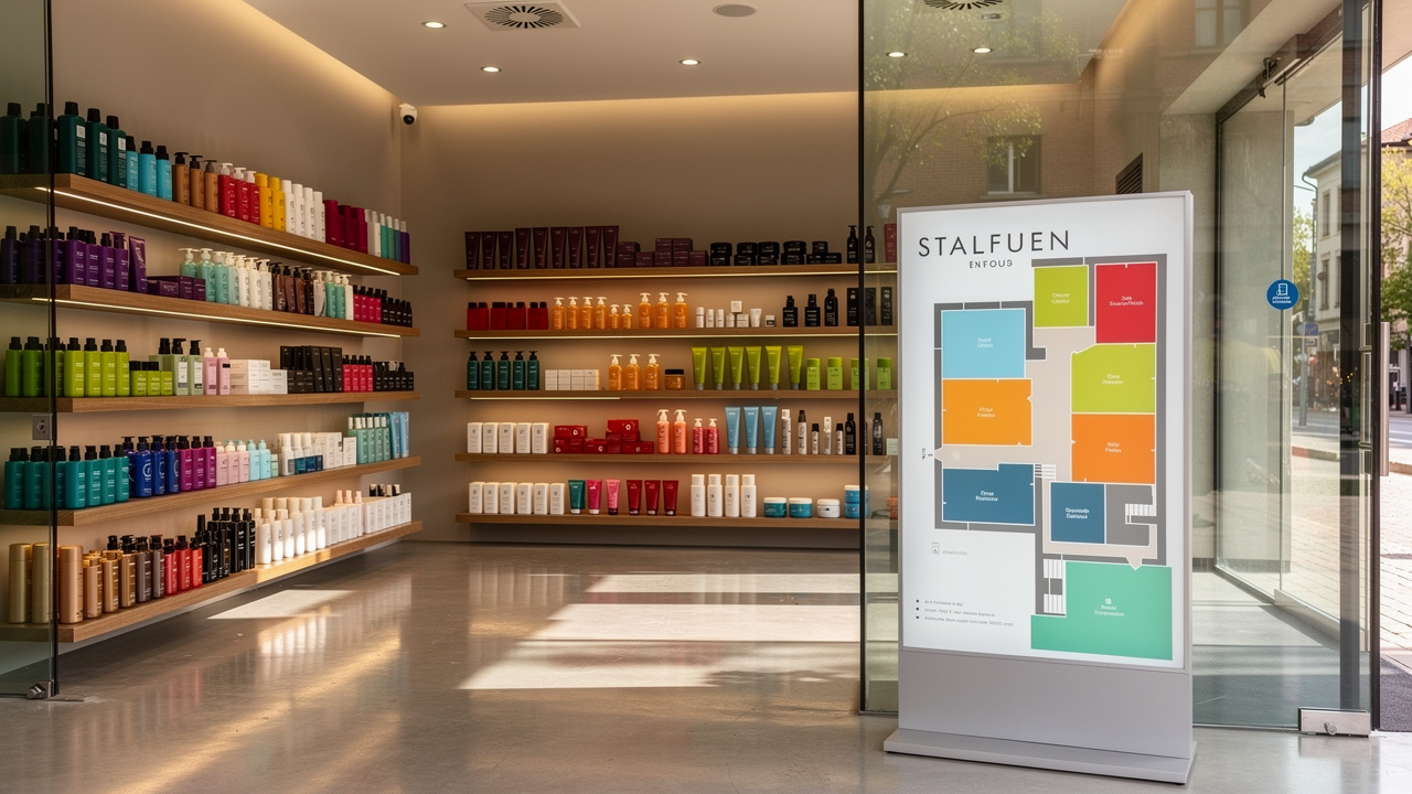 Vue intérieure d’un magasin de coiffure avec des rayons de produits coiffants et des repères visuels d’orientation près de l’entrée.