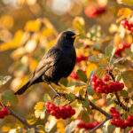 Comment choisir des arbustes à baies rouges pour nourrir les oiseaux ? Merle posé sur une branche dans un jardin d’automne lumineux, entouré de sorbier, de viorne obier et d’aubépine chargés de baies rouges.