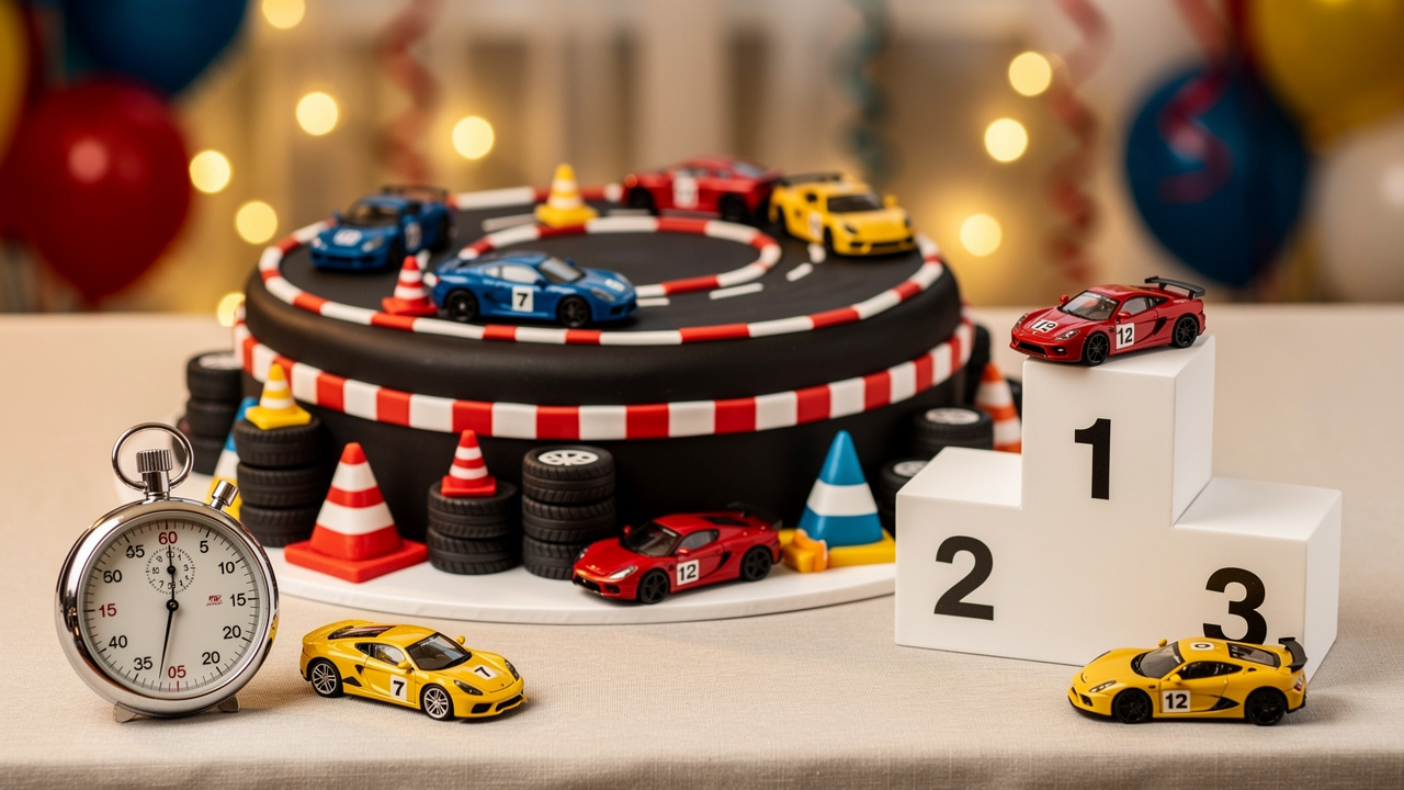 Décoration de table d’anniversaire sur le thème automobile avec un gâteau en forme de circuit, des miniatures de voitures, un chronomètre et un petit podium vide.